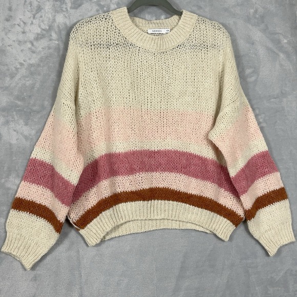 Mersea Sweaters - Mersea Womens Pisa Loose Knit Sweater OS Wool Blend Ivory Pink Striped Coquette‎